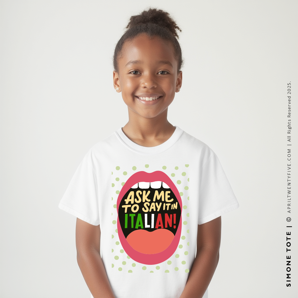 Kids’ “Ask Me to Say It in Italian!” White T-Shirt