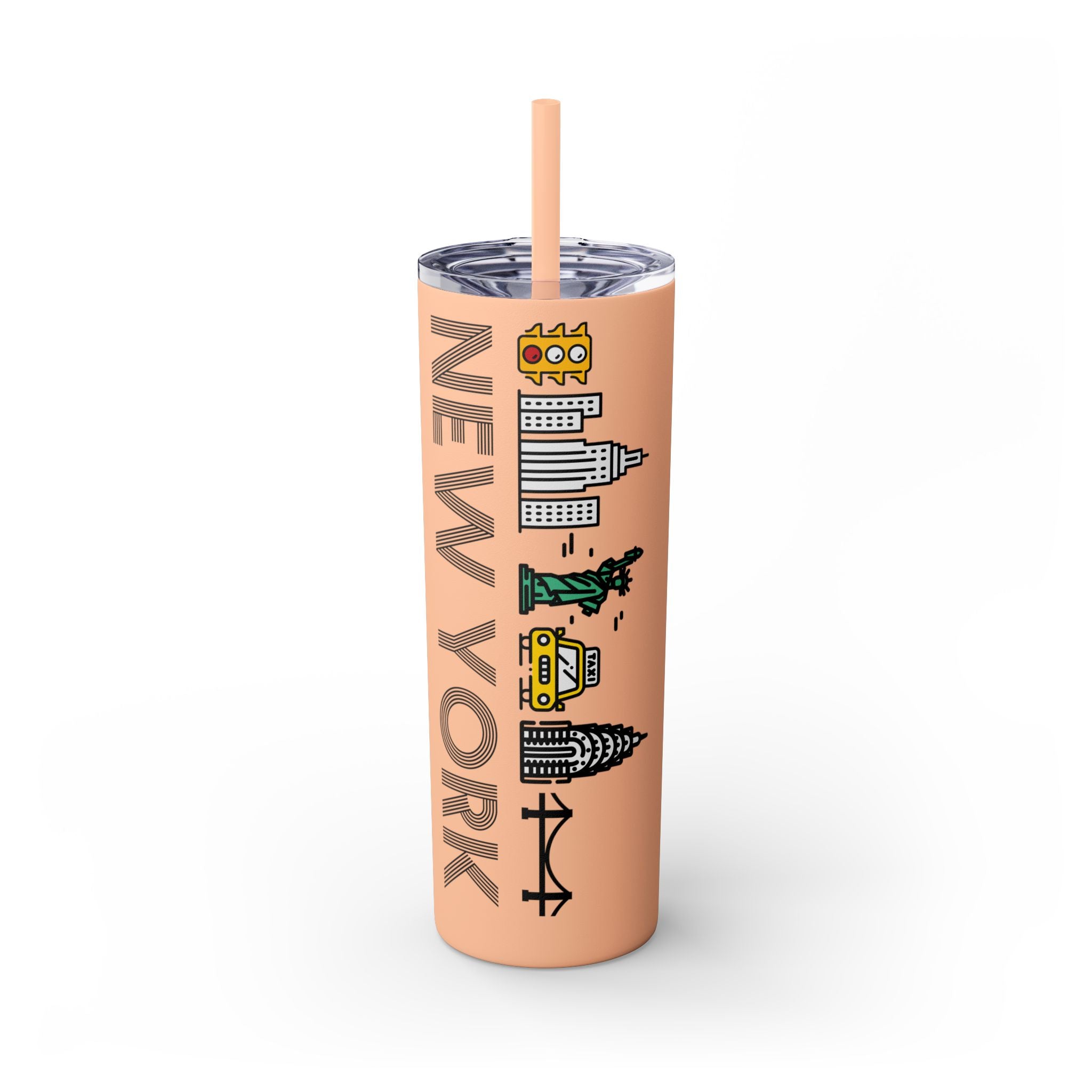 New York Skyline Skinny Tumbler 20oz — Peach Travel Cup with Straw