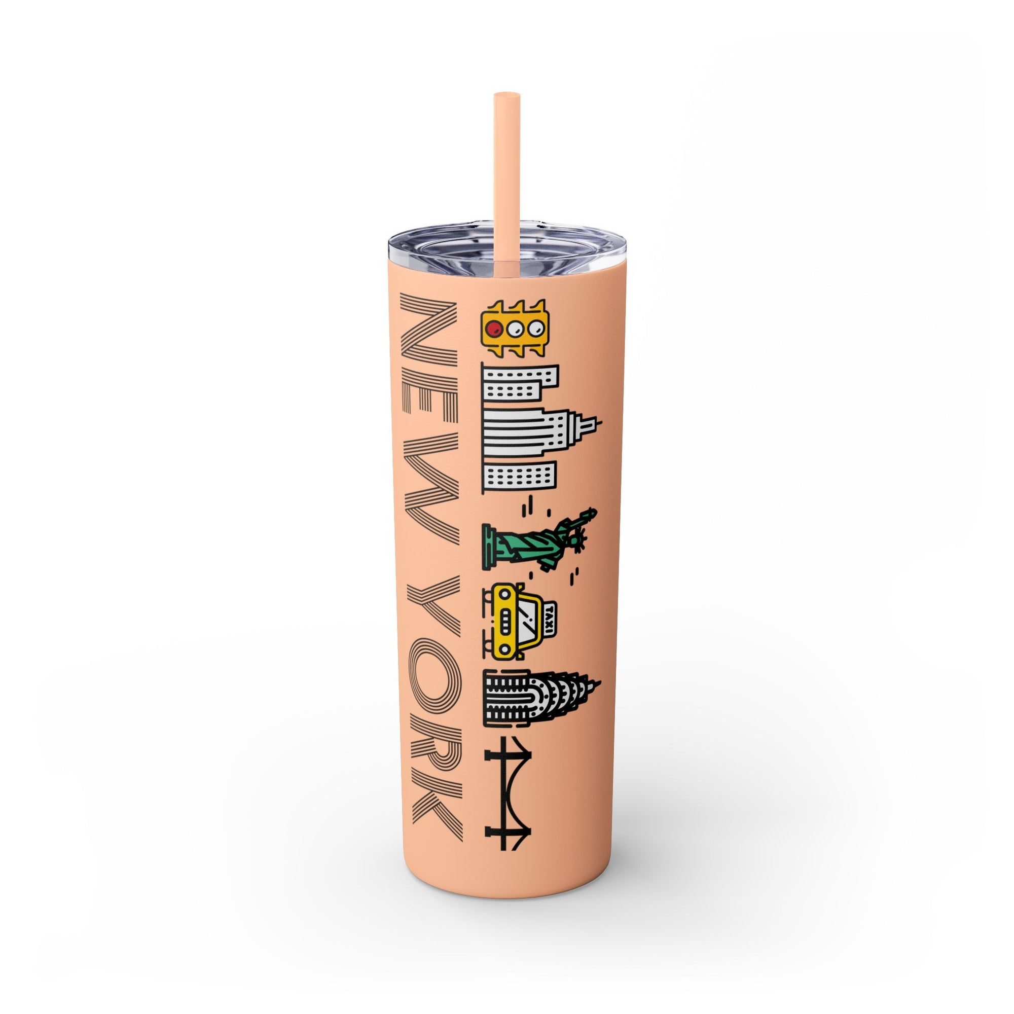 New York Skyline Skinny Tumbler 20oz — Peach Travel Cup with Straw