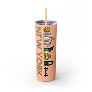 New York Skyline Skinny Tumbler 20oz — Peach Travel Cup with Straw