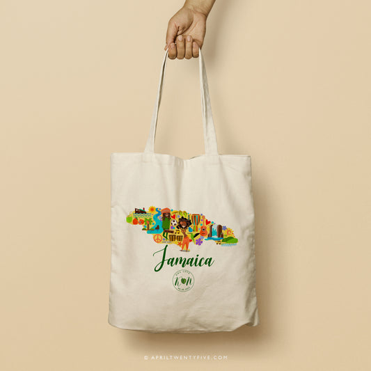 Kris Custom Jamaican Tote Bag featuring an illustrated map of Jamaica, filled with travel-related images of waterfalls, guital, steel drums, bongos, peace sign, ragae musical icons, river dunn, palm trees, ackee fruit, coconuts, cruise ship, red billed steamer-tail, lignum vitae flower, football and starfish 