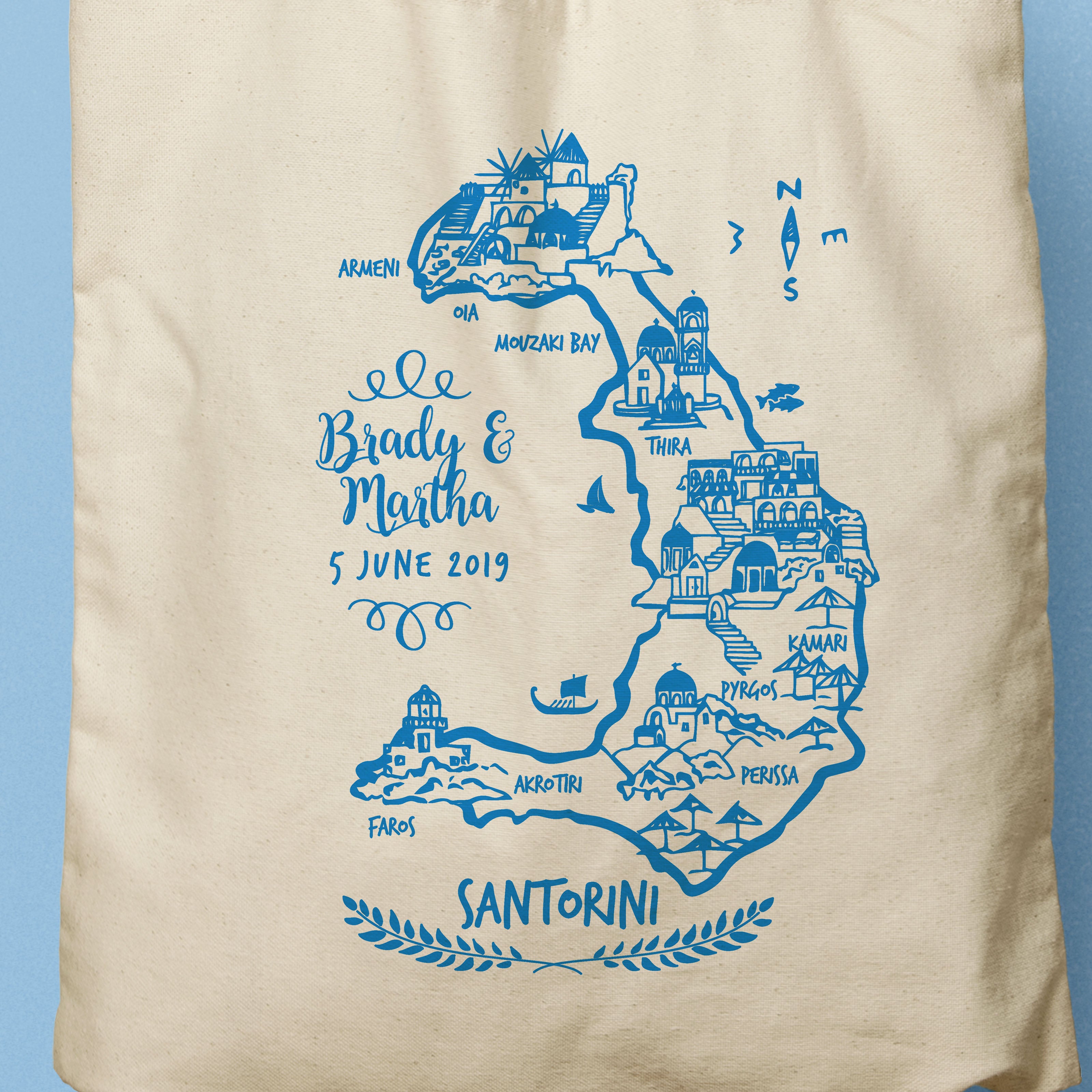 KRYSTAL | Illustrated Map of Santorini Greece Canvas Tote