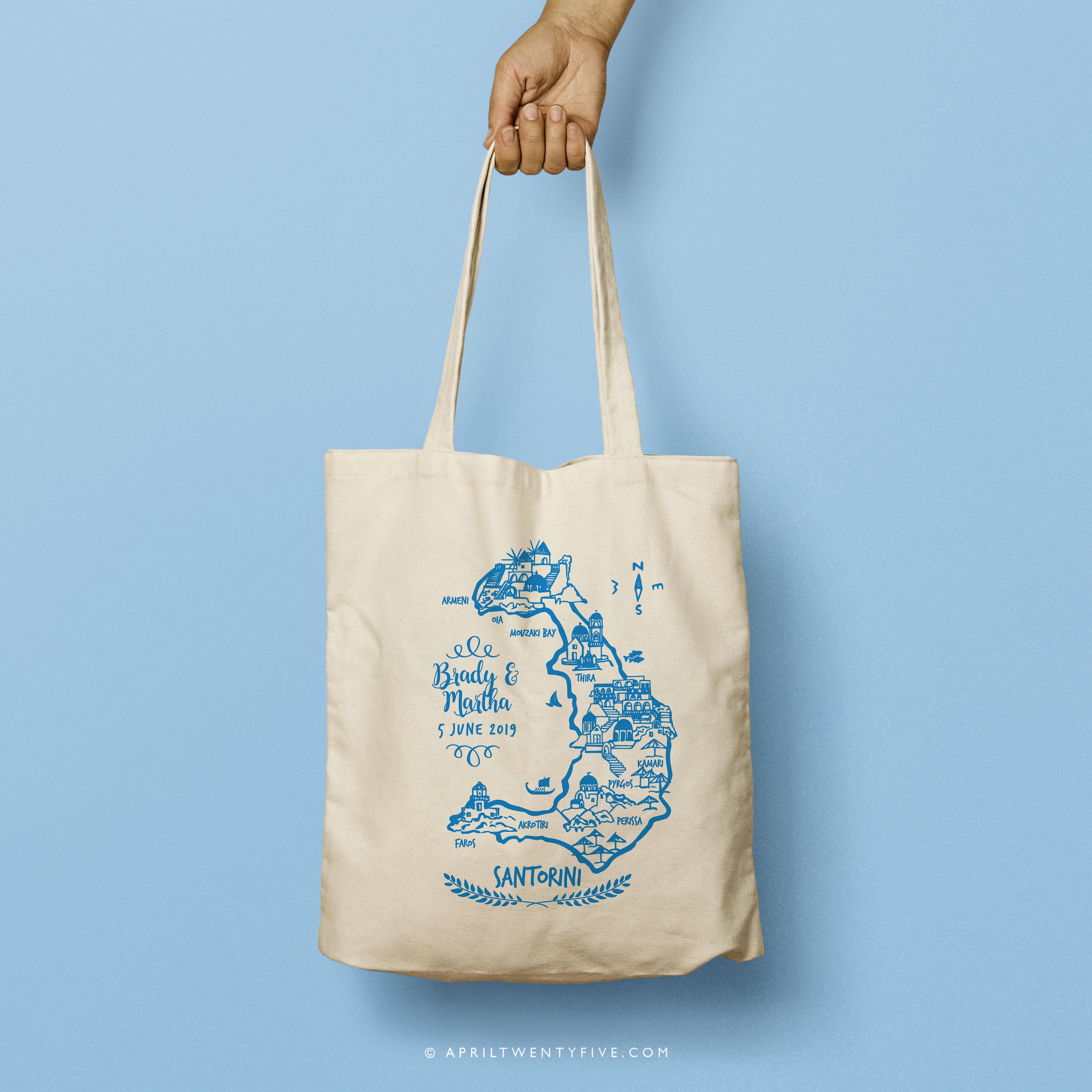 KRYSTAL | Illustrated Map of Santorini Greece Canvas Tote